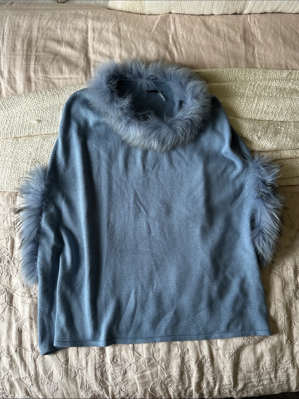 Love Token Walton Raccoon Fur Poncho- dusty blue